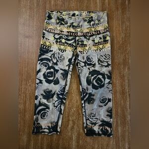 Teeki Womens Leggings with Black and Yellow Rose Crop Leggings Floral Design